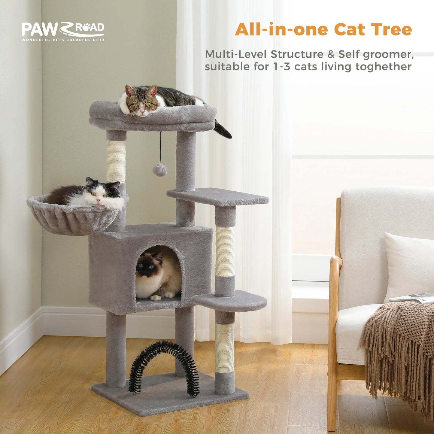 H106CM Cat Tree Tower for Indoor with Self Groomer Sisal Scratching Post Large Condo Perch Stable for Kitten Spacious Hummocks