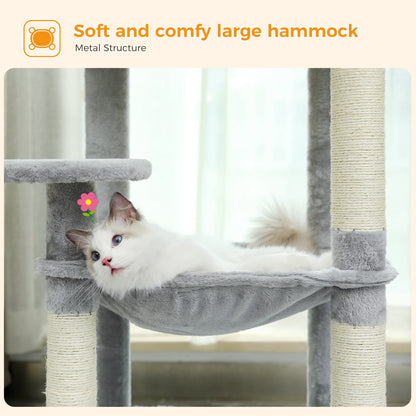 H106CM Cat Tree Tower for Indoor with Self Groomer Sisal Scratching Post Large Condo Perch Stable for Kitten Spacious Hummocks