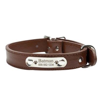 Personalized PU Leather Dog Collar Durable Adjustable Engrave Name ID Tag Customized Collar for Pet Small Medium Large Dog Puppy