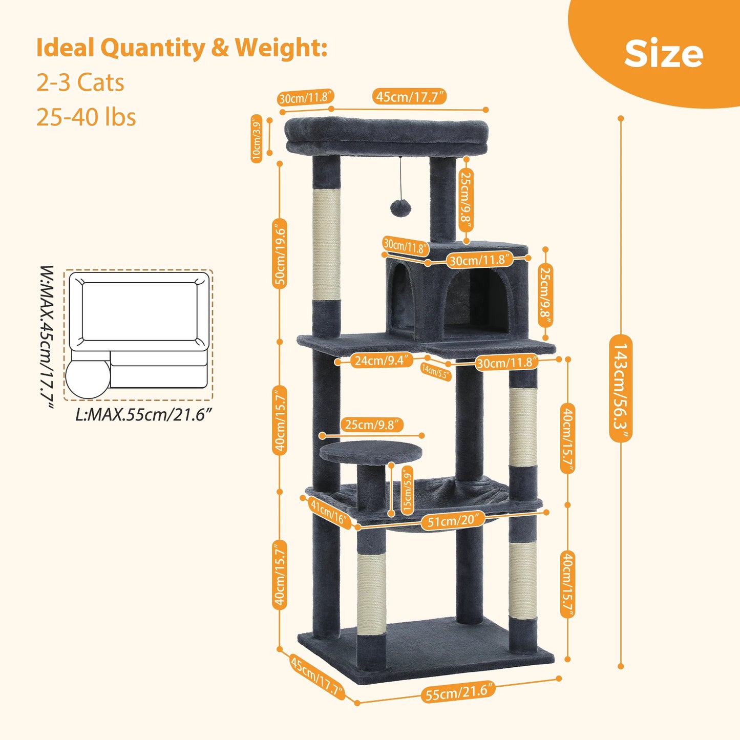 H106CM Cat Tree Tower for Indoor with Self Groomer Sisal Scratching Post Large Condo Perch Stable for Kitten Spacious Hummocks