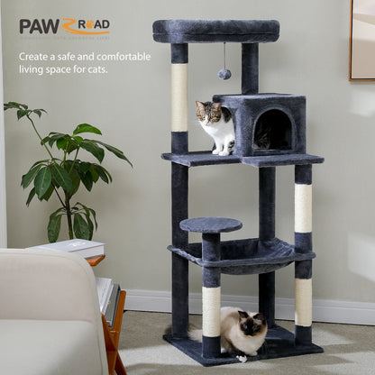 H106CM Cat Tree Tower for Indoor with Self Groomer Sisal Scratching Post Large Condo Perch Stable for Kitten Spacious Hummocks