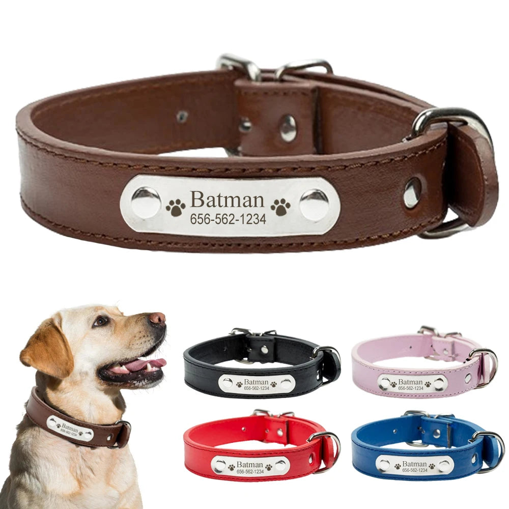 Personalized PU Leather Dog Collar Durable Adjustable Engrave Name ID Tag Customized Collar for Pet Small Medium Large Dog Puppy