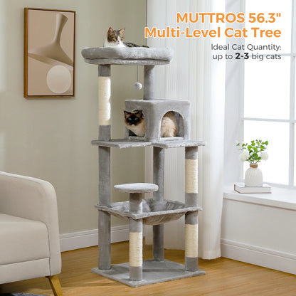 H106CM Cat Tree Tower for Indoor with Self Groomer Sisal Scratching Post Large Condo Perch Stable for Kitten Spacious Hummocks