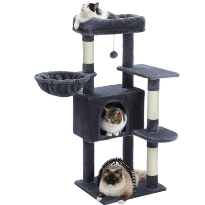 H106CM Cat Tree Tower for Indoor with Self Groomer Sisal Scratching Post Large Condo Perch Stable for Kitten Spacious Hummocks