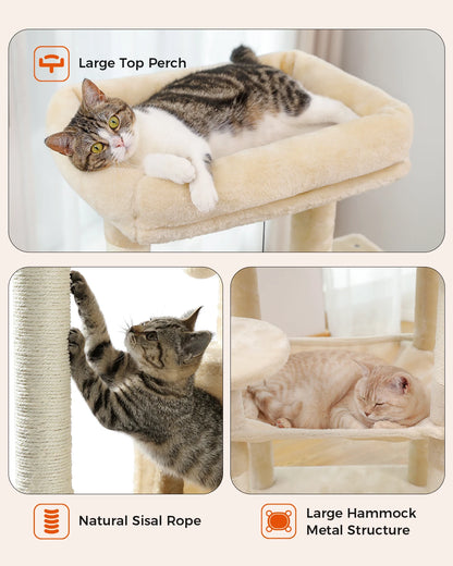 H106CM Cat Tree Tower for Indoor with Self Groomer Sisal Scratching Post Large Condo Perch Stable for Kitten Spacious Hummocks