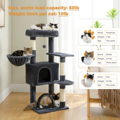 H106CM Cat Tree Tower for Indoor with Self Groomer Sisal Scratching Post Large Condo Perch Stable for Kitten Spacious Hummocks