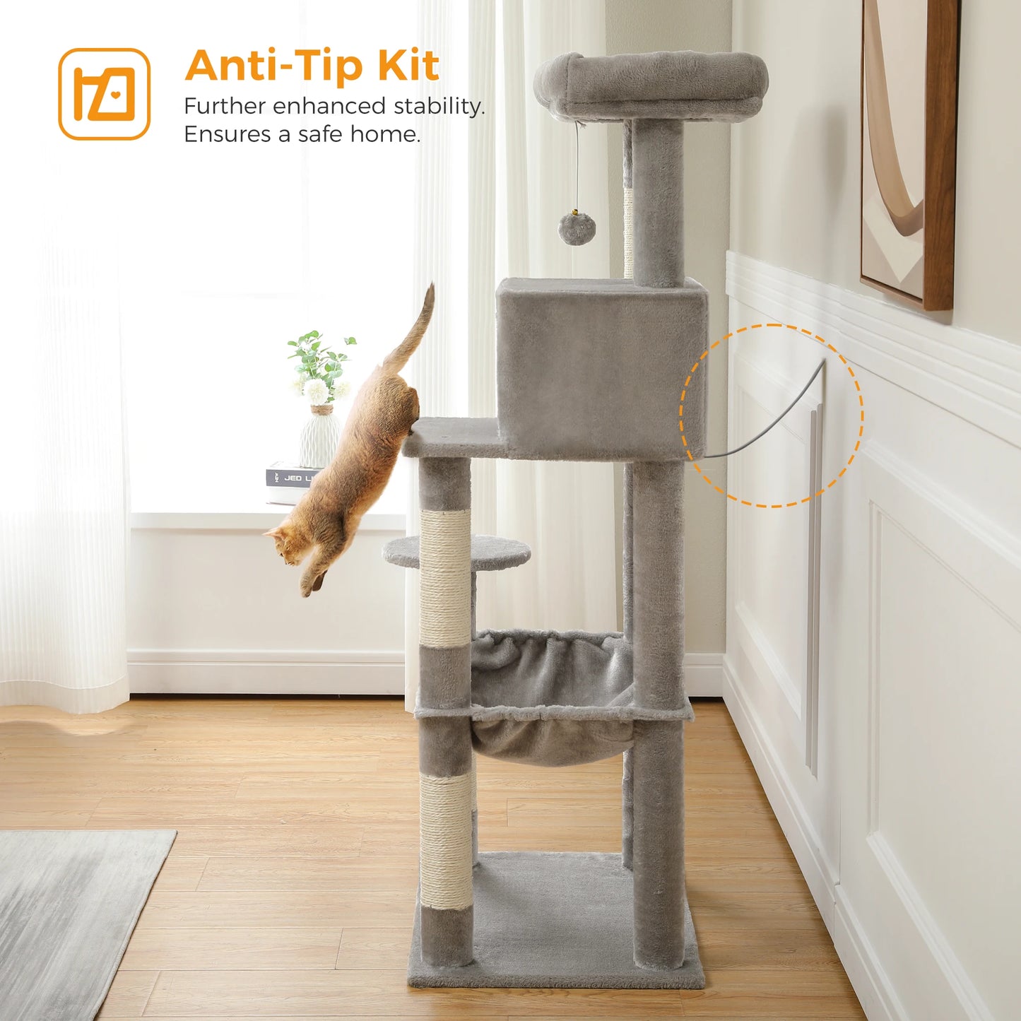 H106CM Cat Tree Tower for Indoor with Self Groomer Sisal Scratching Post Large Condo Perch Stable for Kitten Spacious Hummocks