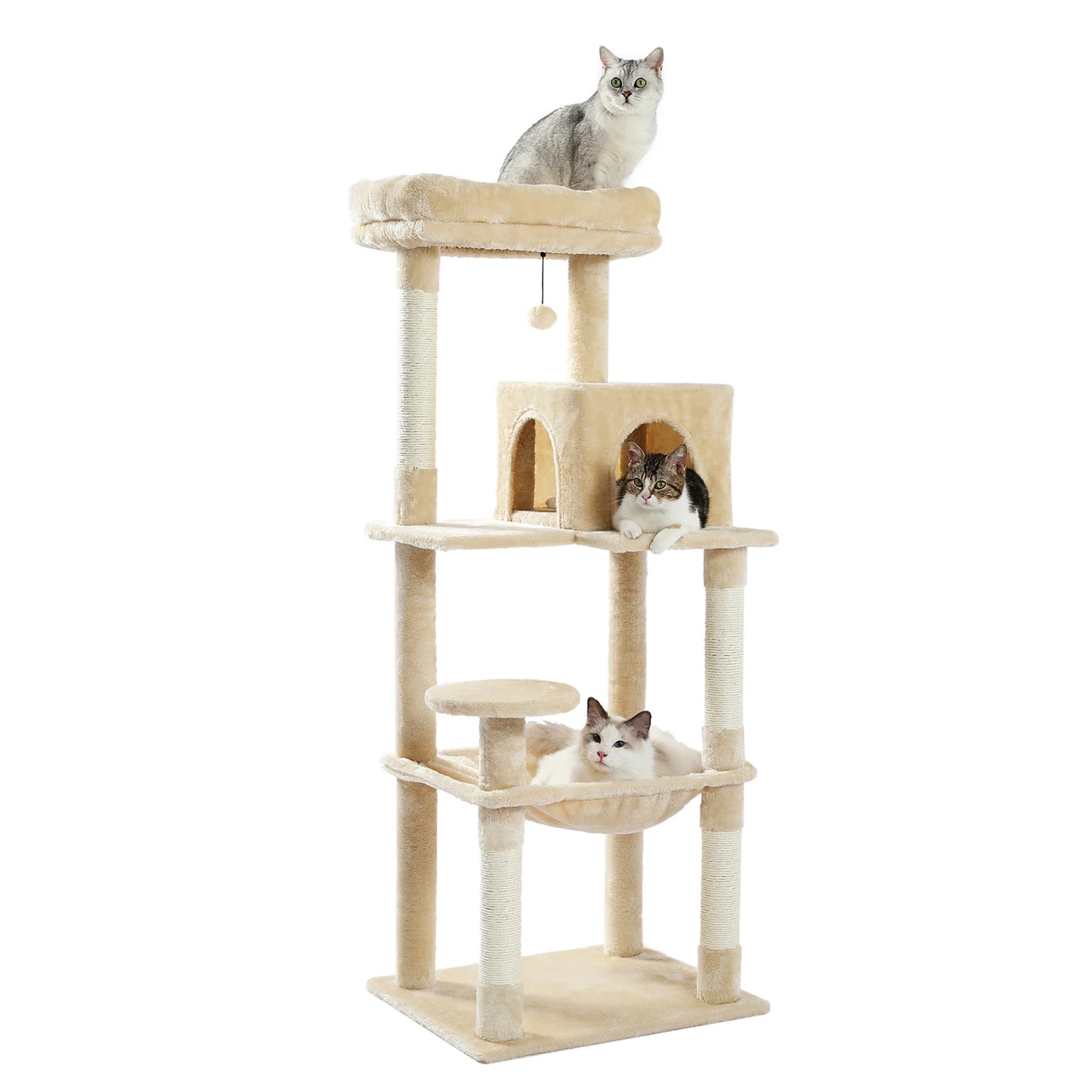 H106CM Cat Tree Tower for Indoor with Self Groomer Sisal Scratching Post Large Condo Perch Stable for Kitten Spacious Hummocks