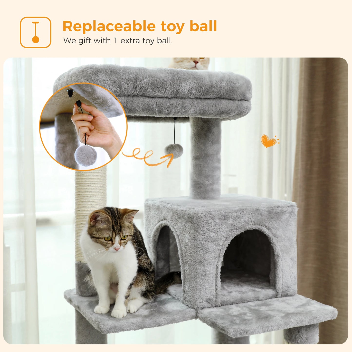 H106CM Cat Tree Tower for Indoor with Self Groomer Sisal Scratching Post Large Condo Perch Stable for Kitten Spacious Hummocks