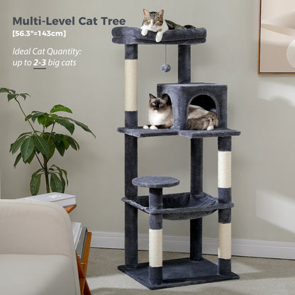 H106CM Cat Tree Tower for Indoor with Self Groomer Sisal Scratching Post Large Condo Perch Stable for Kitten Spacious Hummocks