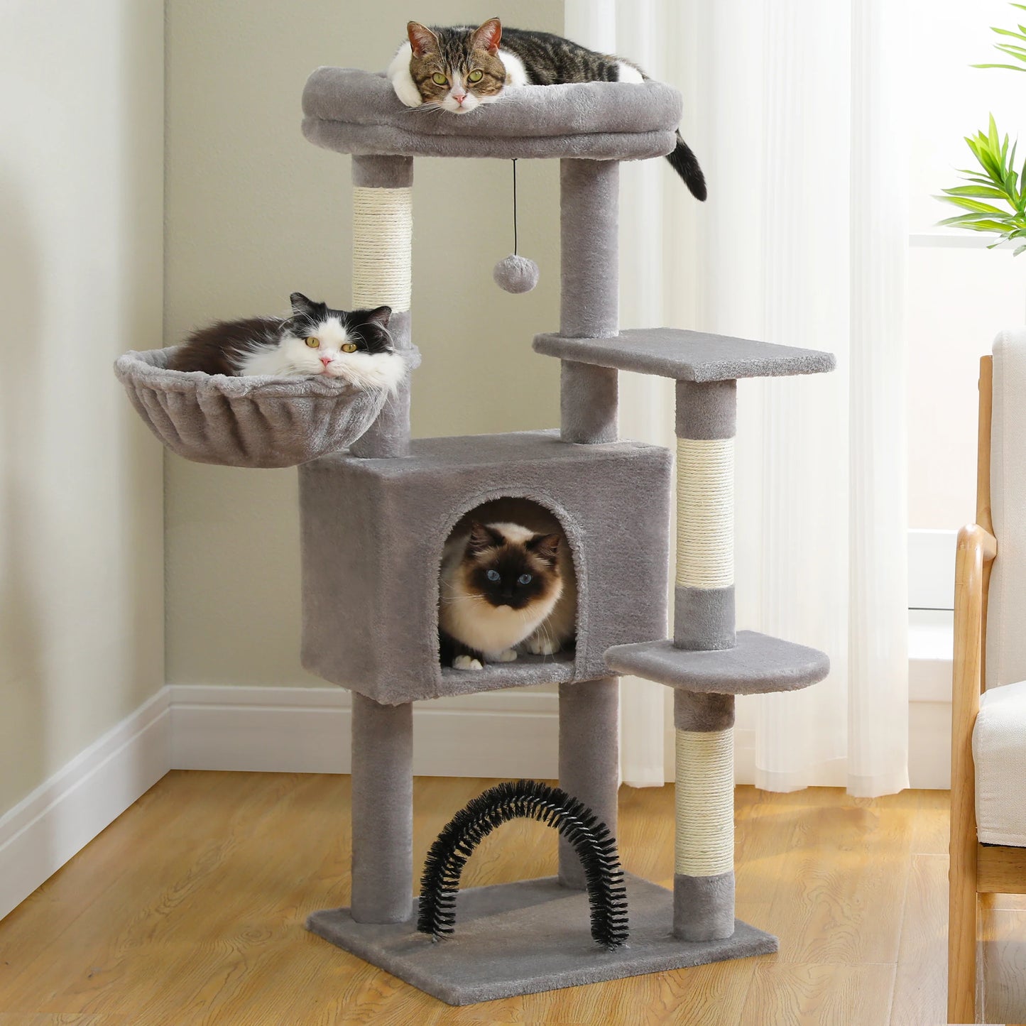 H106CM Cat Tree Tower for Indoor with Self Groomer Sisal Scratching Post Large Condo Perch Stable for Kitten Spacious Hummocks