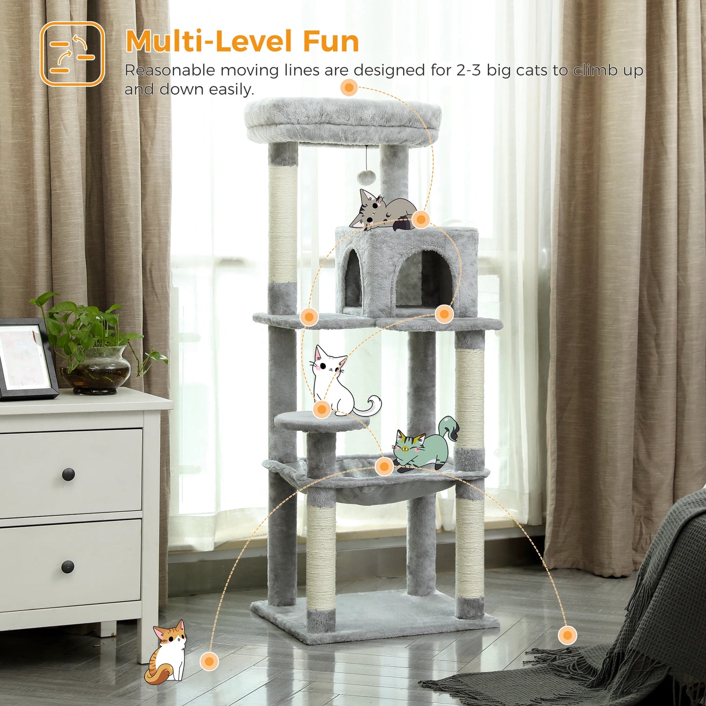 H106CM Cat Tree Tower for Indoor with Self Groomer Sisal Scratching Post Large Condo Perch Stable for Kitten Spacious Hummocks