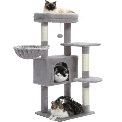 H106CM Cat Tree Tower for Indoor with Self Groomer Sisal Scratching Post Large Condo Perch Stable for Kitten Spacious Hummocks