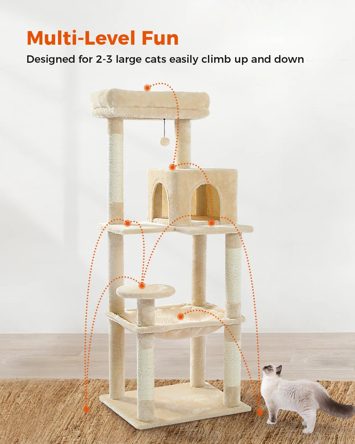 H106CM Cat Tree Tower for Indoor with Self Groomer Sisal Scratching Post Large Condo Perch Stable for Kitten Spacious Hummocks